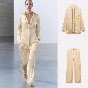 ZARA CO-ORD SATIN EFFECT EMBROIDERED SHIRT & PANTS SET - PASTEL YELLOW